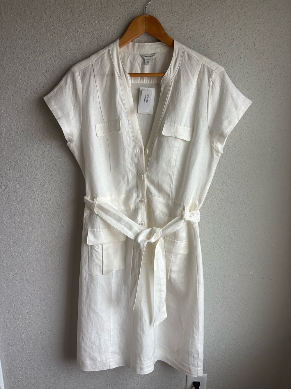Banana Republic Linen Shirt Dress White Belted Utility Safari Dress Size 10 NWT